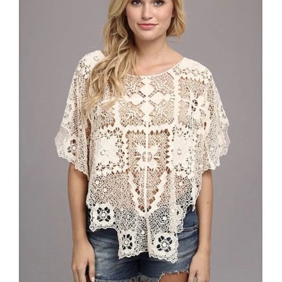 Free People Tops - FREE PEOPLE 100% Linen Bad Romance Kimono Crochet Lace Sweater Ivory Cream XS/S